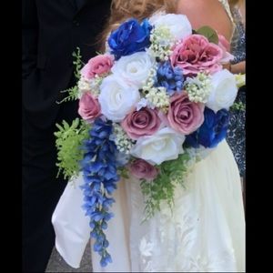 Cascading Bridal Bouquet in Dusty Rose & Navy Blue with babies breath accents
